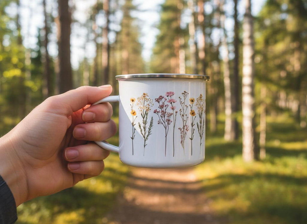 A hand holds the white botanical enamel mug on a sunlit forest trail background.