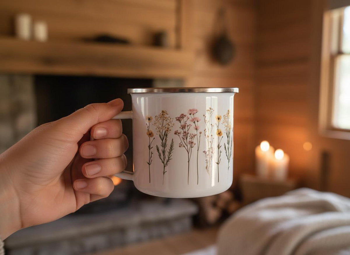 A hand holds the wildflower enamel cup inside a rustic cabin with a fireplace and glowing candles in the background.