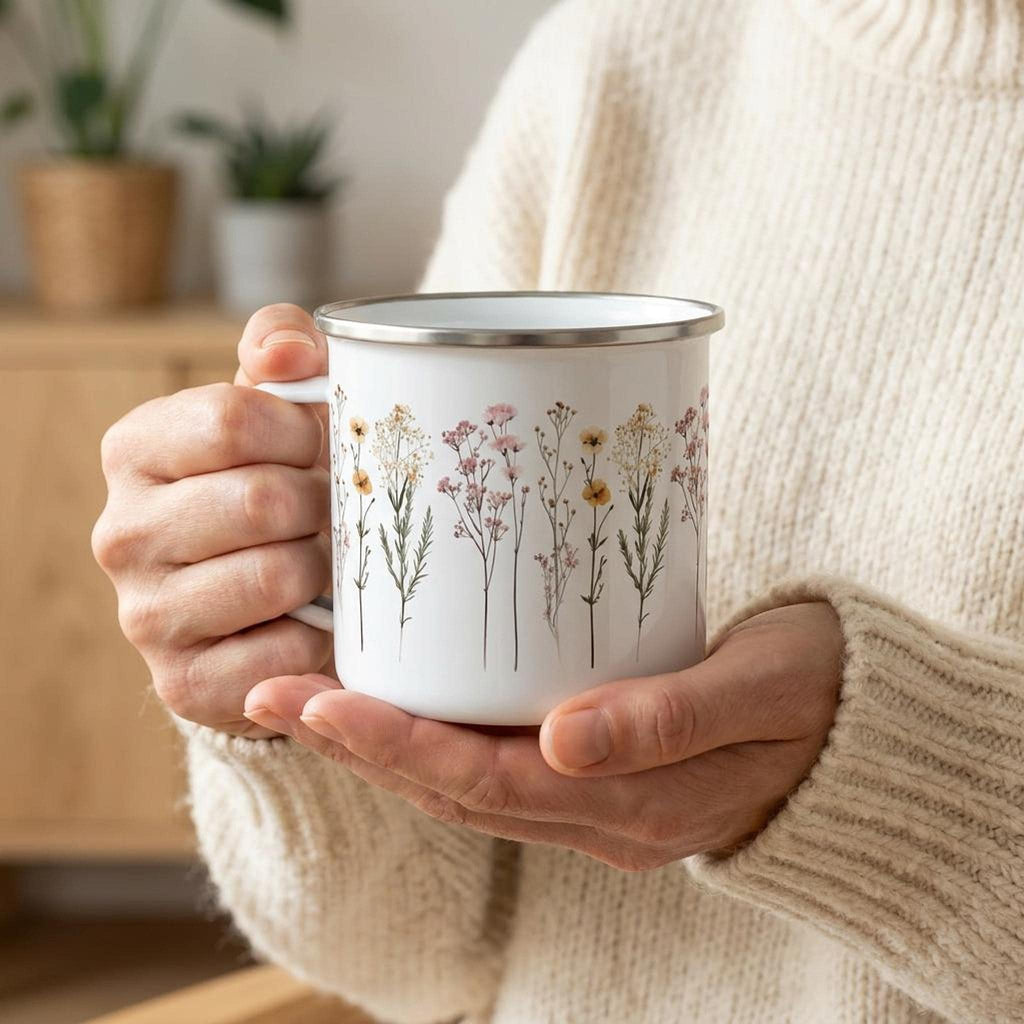 A person wearing a cream sweater holds the enamel mug with both hands in a bright indoor room.