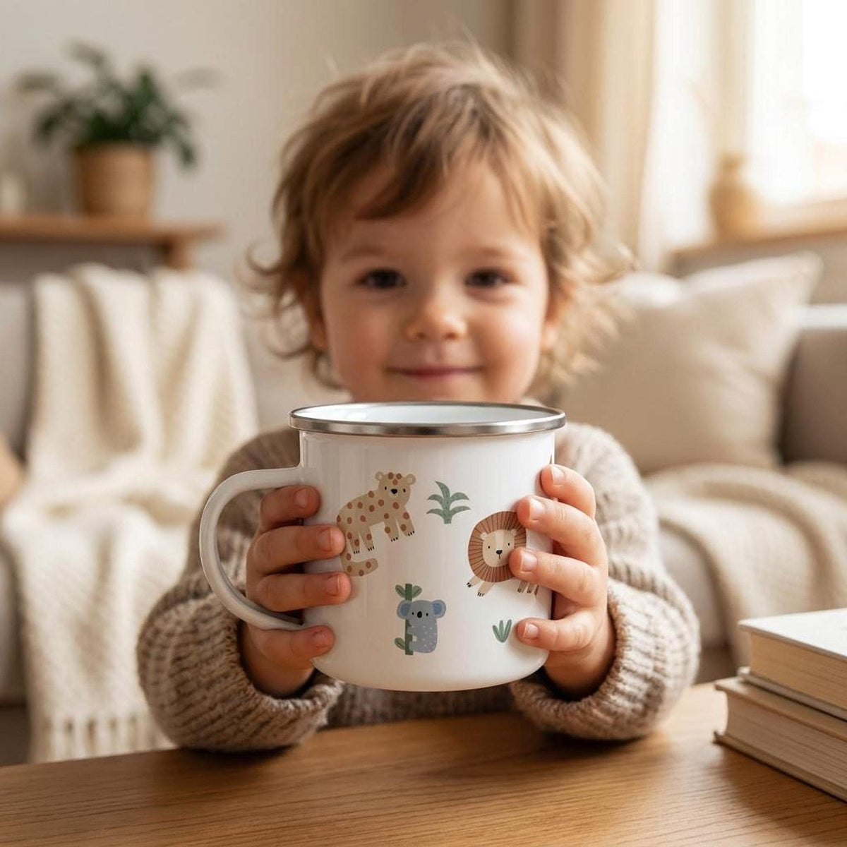 A young child wearing a beige sweater holds up a personalized white enamel mug with safari animal illustrations while sitting indoors near a wooden table and a stack of books.