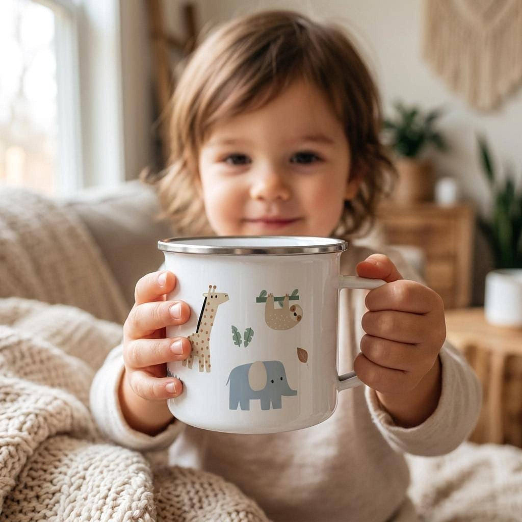 A young child sitting on a couch holds a white enamel mug decorated with giraffe, elephant, and sloth illustrations.
