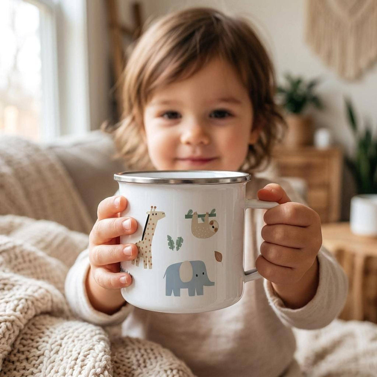 A young child sitting on a couch holds a white enamel mug decorated with giraffe, elephant, and sloth illustrations.