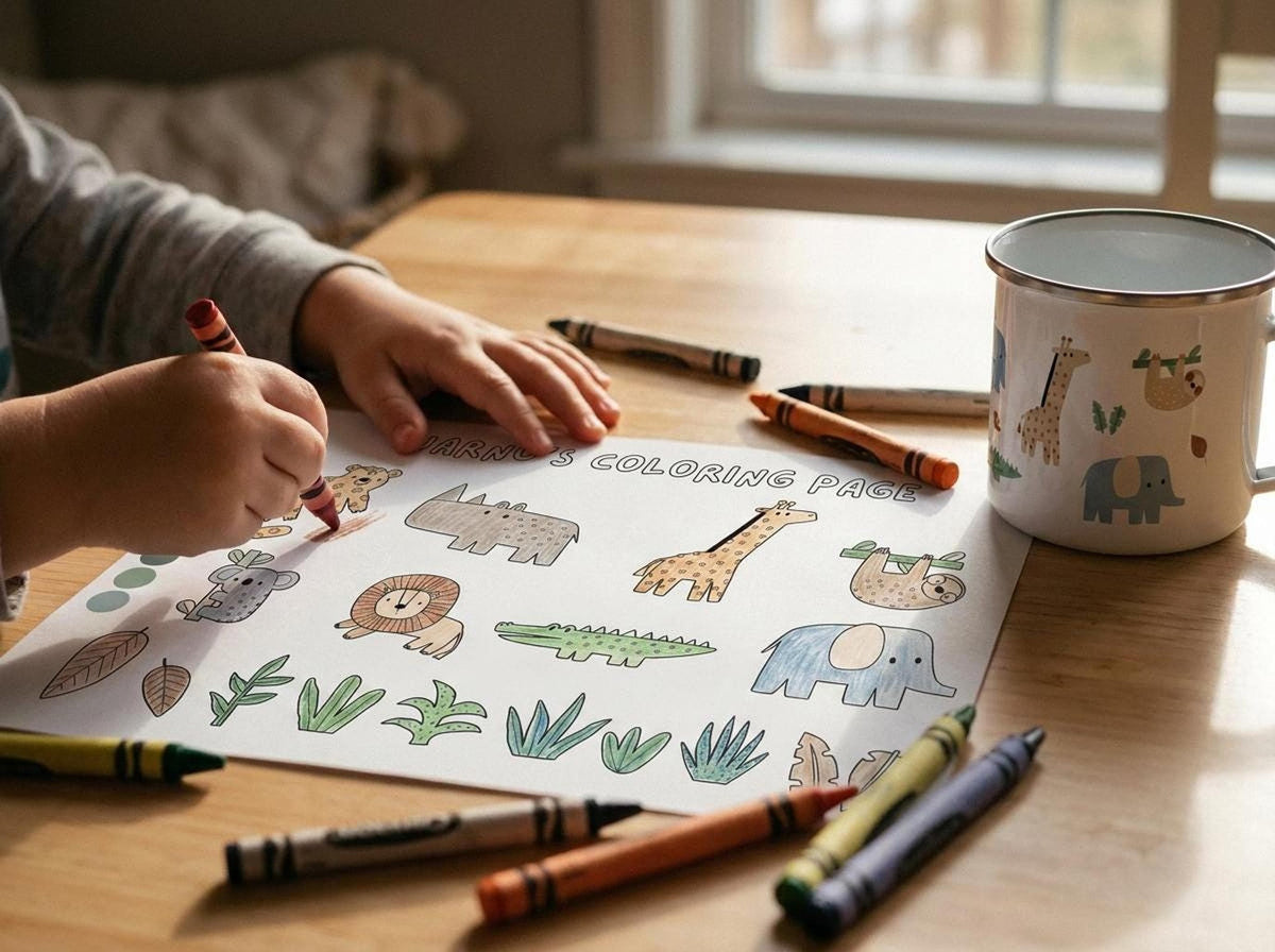 A child colors a safari-themed coloring page with crayons at a wooden table next to a matching enamel mug filled with safari illustrations.