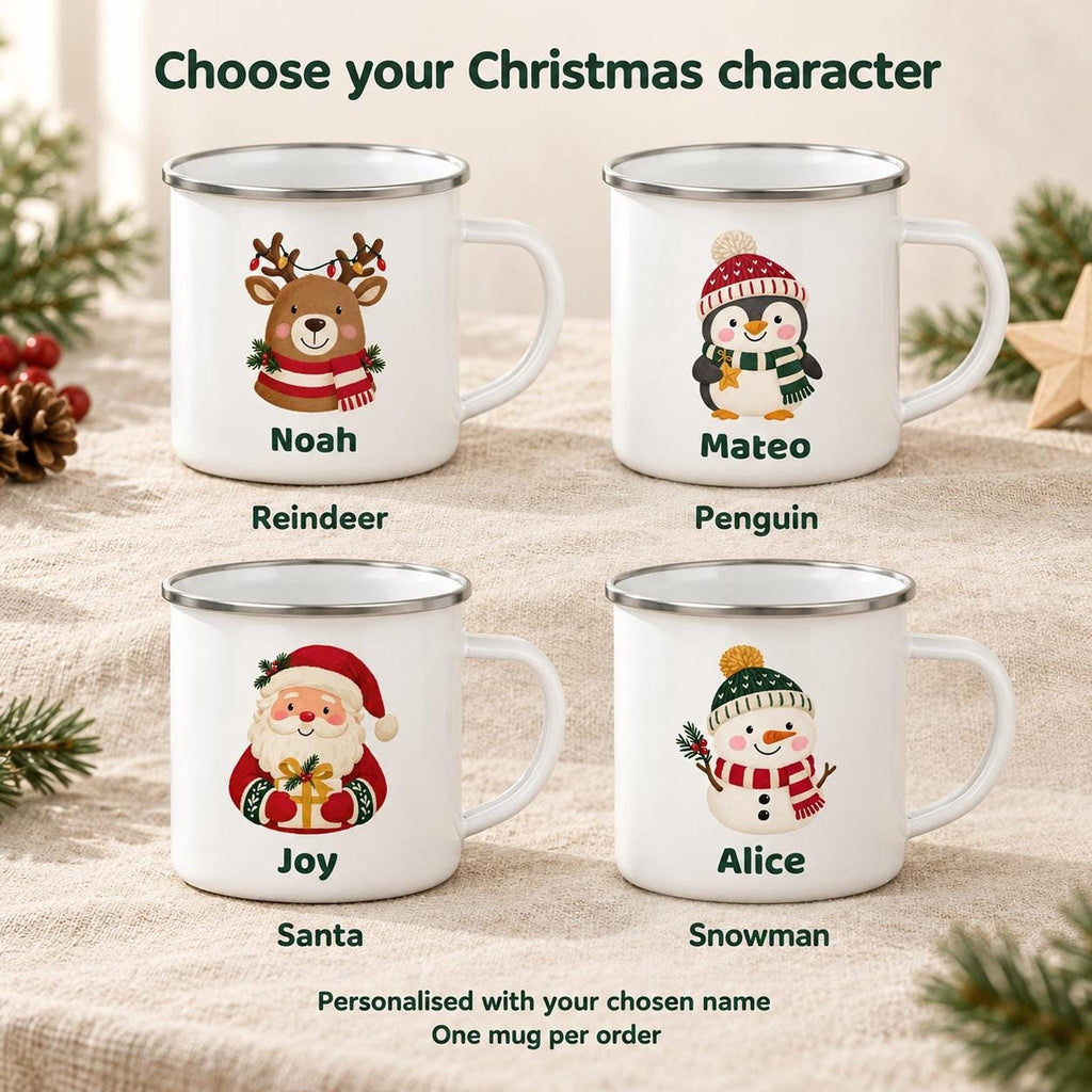 A grid displays four white enamel mugs featuring different Christmas characters and names: Reindeer named Noah, Penguin named Mateo, Santa named Joy, and Snowman named Alice.