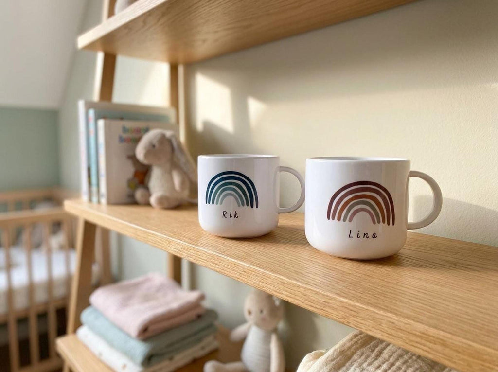 Two custom rainbow mugs labeled Rik and Lina sit on a wooden shelf in a child room setting.