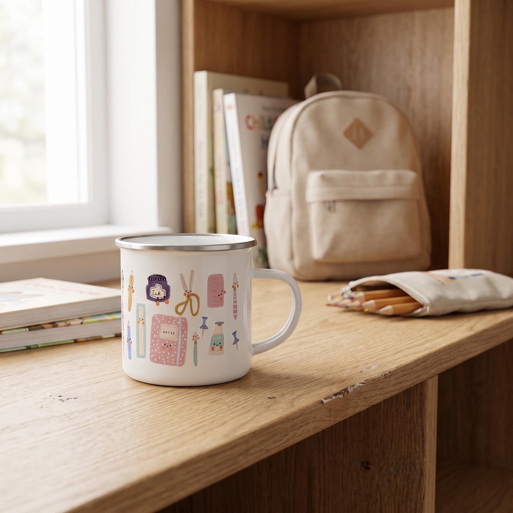 A white enamel mug with cartoon stationery illustrations sits on a wooden desk next to books, a backpack, and a pencil case.