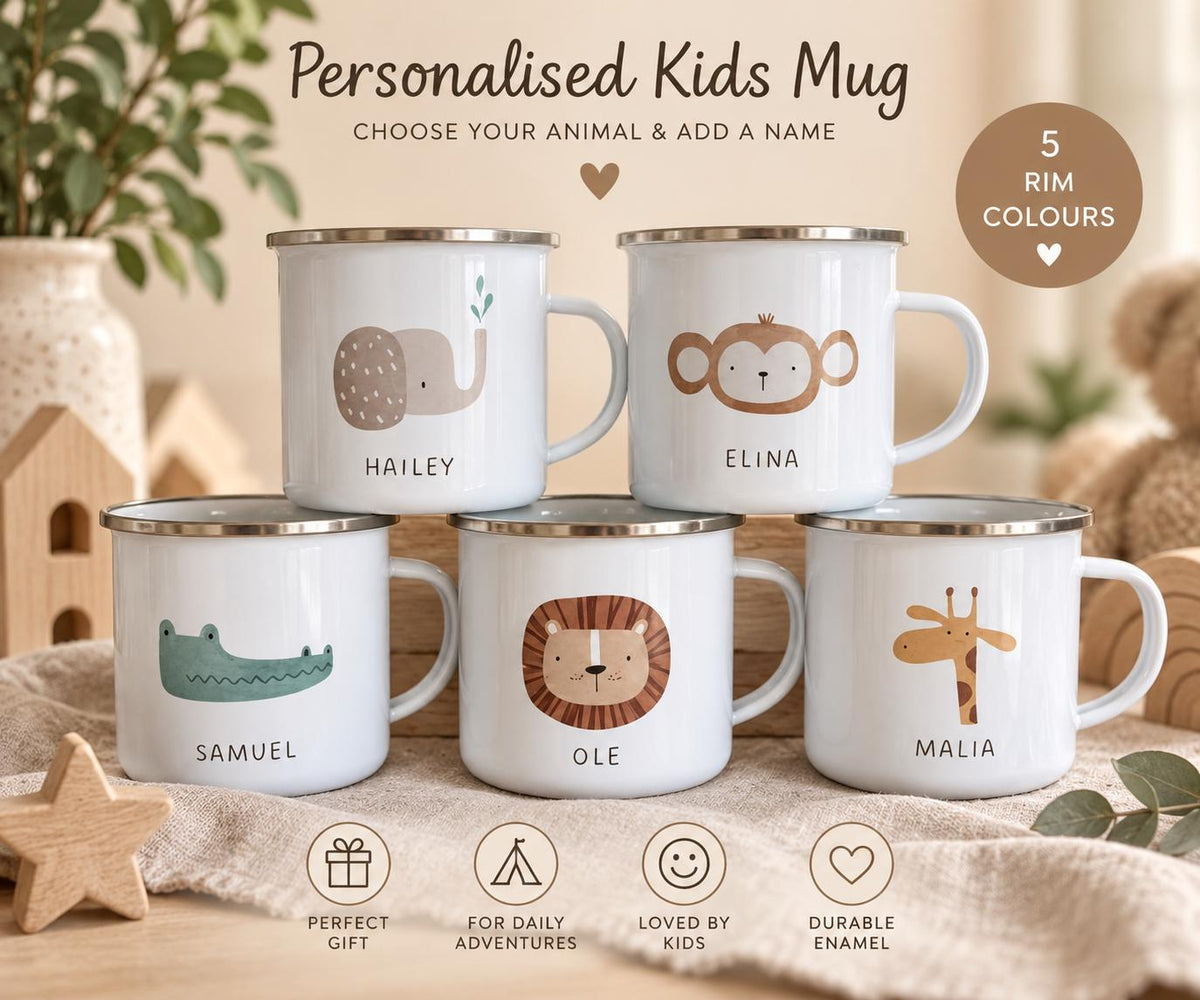 Five white enamel mugs with silver rims, each featuring a unique animal illustration and a personalised name. The designs include an elephant named Hailey, a monkey named Elina, a crocodile named Samuel, a lion named Ole, and a giraffe named Malia. Text on the image reads: Personalised Kids Mug, Choose your animal & add a name, 5 rim colours, Perfect gift, For daily adventures, Loved by kids, Durable enamel.