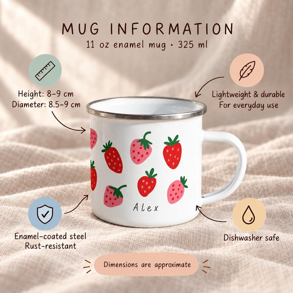 An 11 oz white enamel mug with a strawberry pattern and the name Alex printed on the front. The mug features a silver rim, a handle, and text indicating a height of 8-9 cm and a diameter of 8.5-9 cm. It is enamel-coated steel.