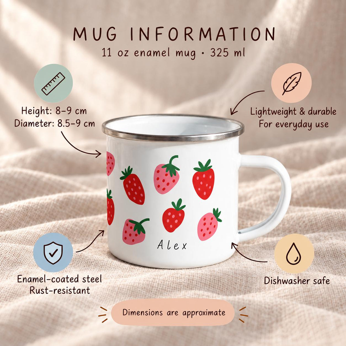 An 11 oz white enamel mug with a strawberry pattern and the name Alex printed on the front. The mug features a silver rim, a handle, and text indicating a height of 8-9 cm and a diameter of 8.5-9 cm. It is enamel-coated steel.