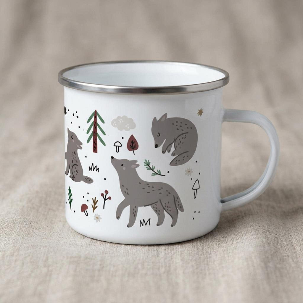 A white camp mug with woodland wolf illustrations rests on a neutral textile surface.