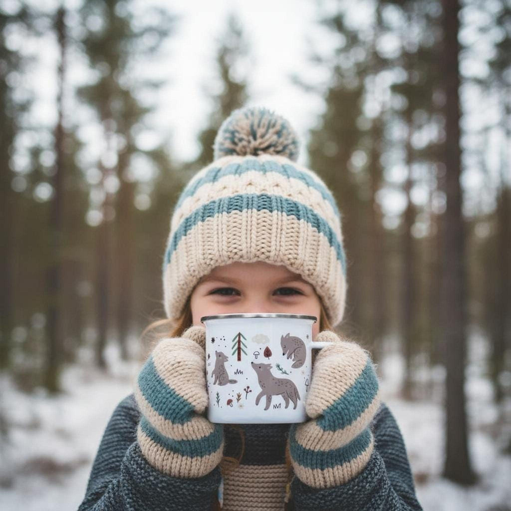 A child wearing a striped winter hat and matching mittens holds up a white wolf-illustrated enamel mug in a snowy forest.