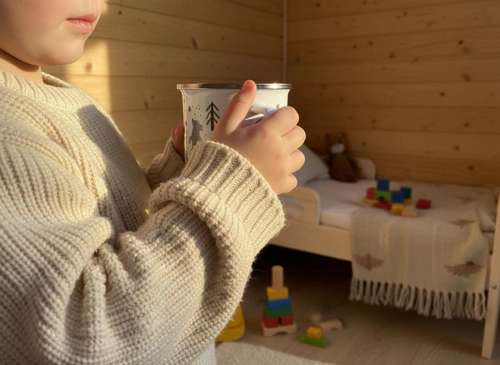 A child in a cream-colored sweater holds a white wolf enamel mug in a light wooden room.