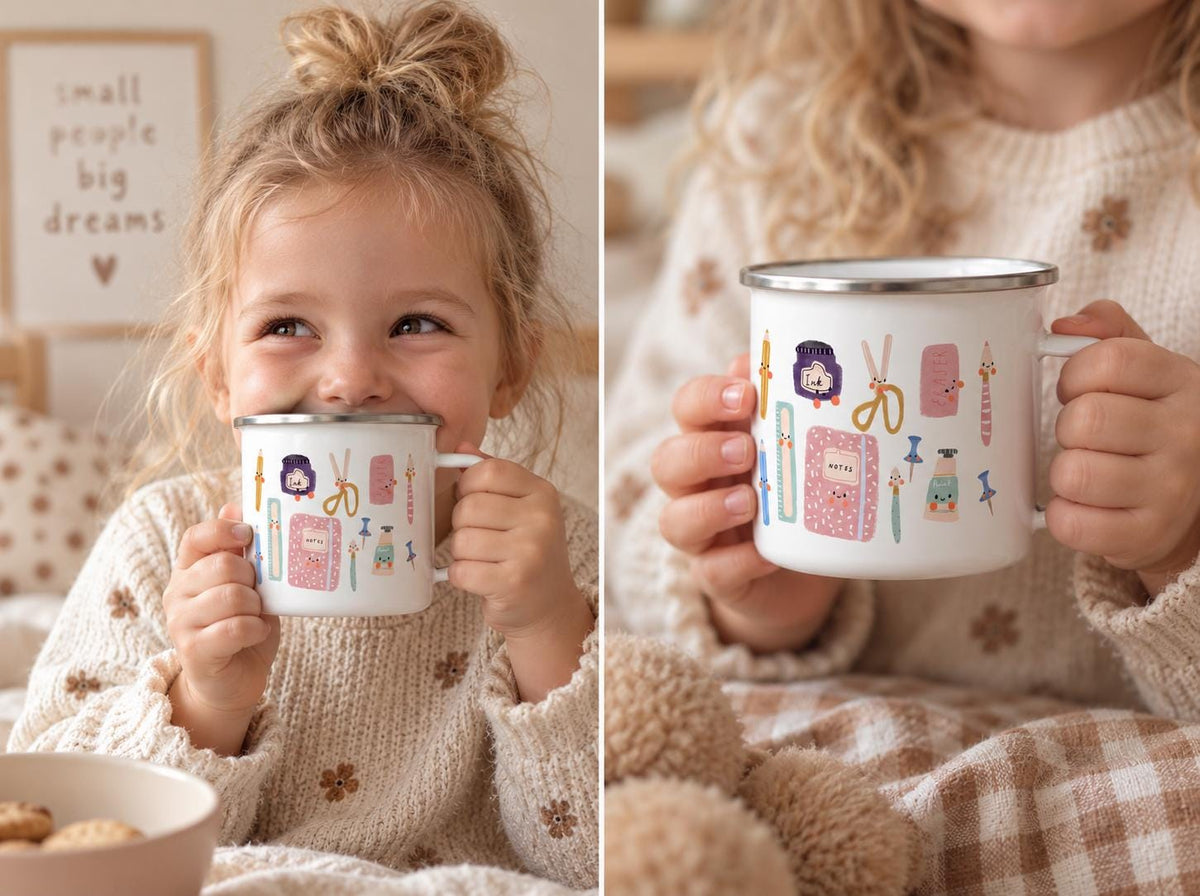 A white enamel mug with a silver rim featuring a colourful pattern of various school and office supplies, including a pink notebook with the word notes, scissors, a glue stick, a pencil, a pushpin, and other small stationery items.