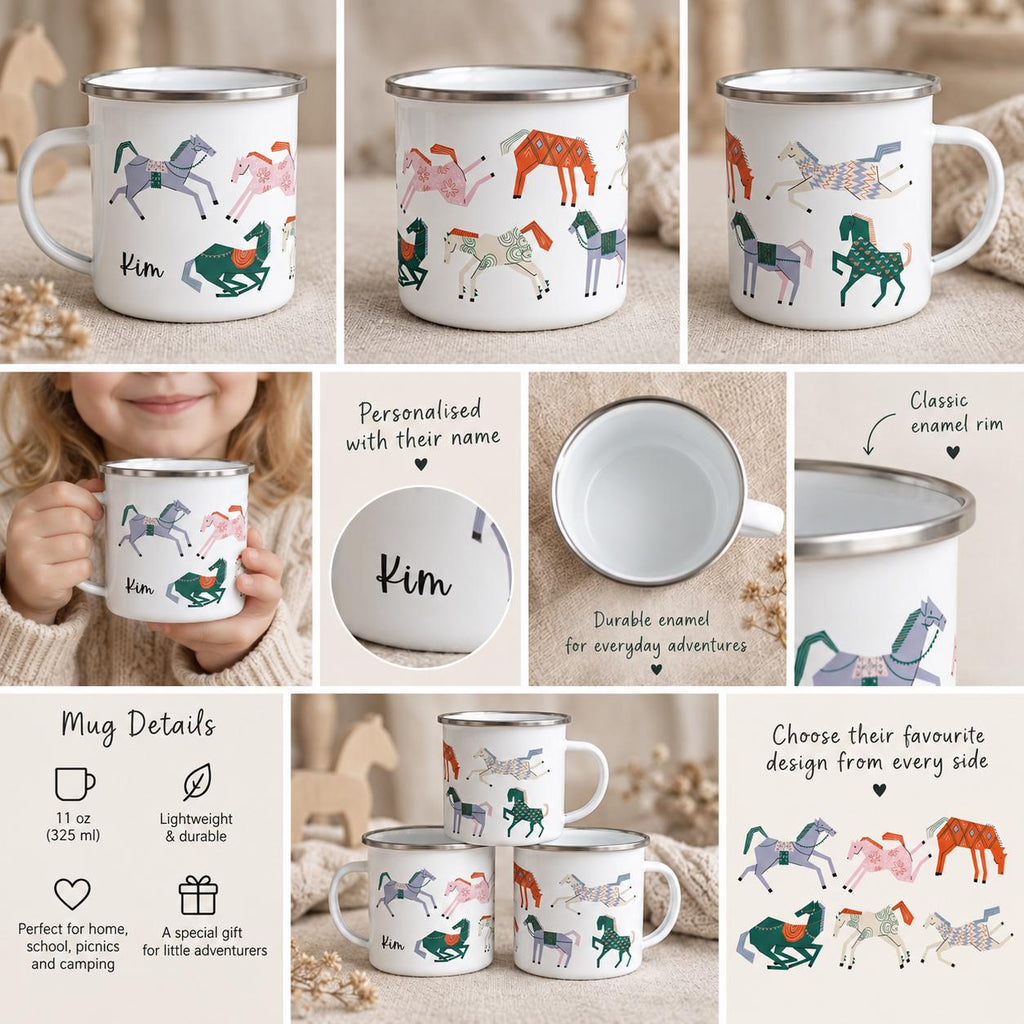 A white enamel mug with a silver rim, featuring a colourful pattern of various horses and the name Kim printed on the side. The mug has a capacity of 325 ml and is shown from multiple angles, highlighting the horse illustrations and text.