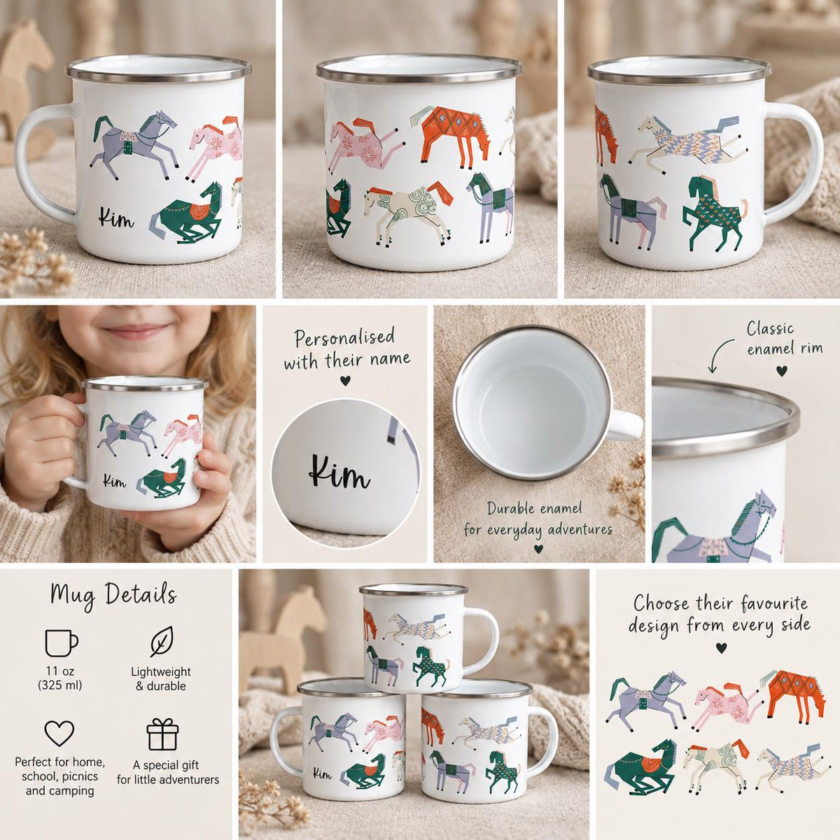 A white enamel mug with a silver rim, featuring a colourful pattern of various horses and the name Kim printed on the side. The mug has a capacity of 325 ml and is shown from multiple angles, highlighting the horse illustrations and text.