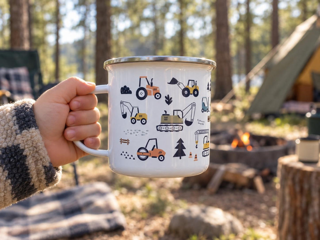 A white enamel mug with a silver rim and a handle, featuring a repeating pattern of various construction vehicles including excavators, tractors, and rollers in shades of yellow, orange, and blue, along with small trees and traffic cones.