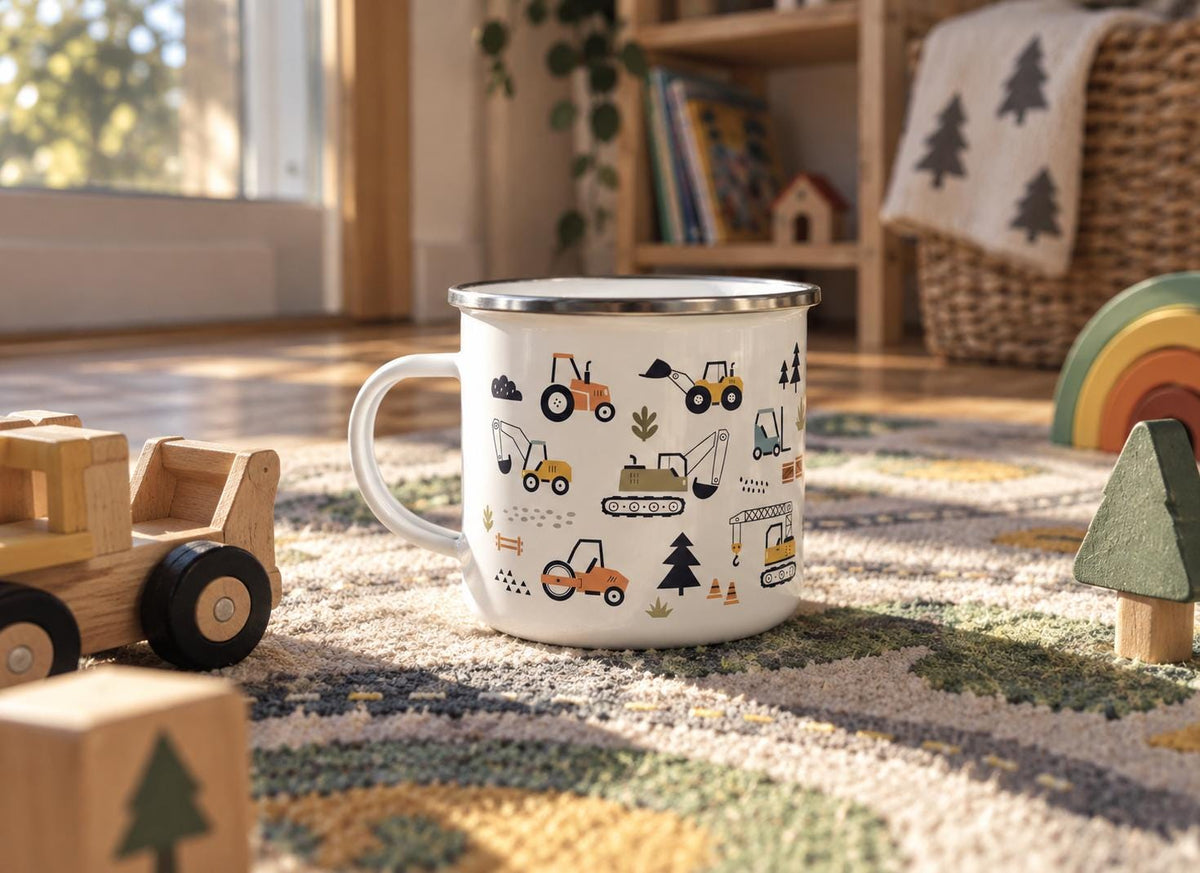A white enamel mug with a silver rim and a handle, featuring a repeating pattern of various construction vehicles including excavators, tractors, and cranes in shades of yellow, orange, and green, along with small tree icons.