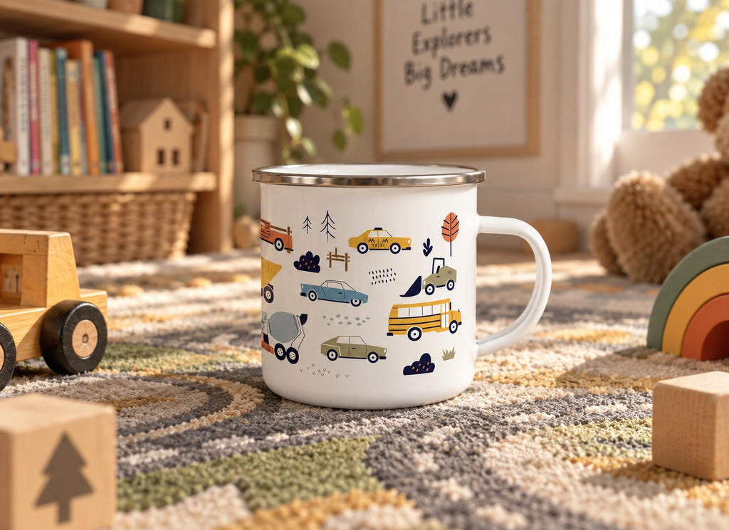 A white enamel mug with a silver rim and a handle, featuring a colourful pattern of various vehicles including a yellow taxi, a yellow school bus, a blue car, a cement mixer, and construction equipment, along with small trees and bushes.