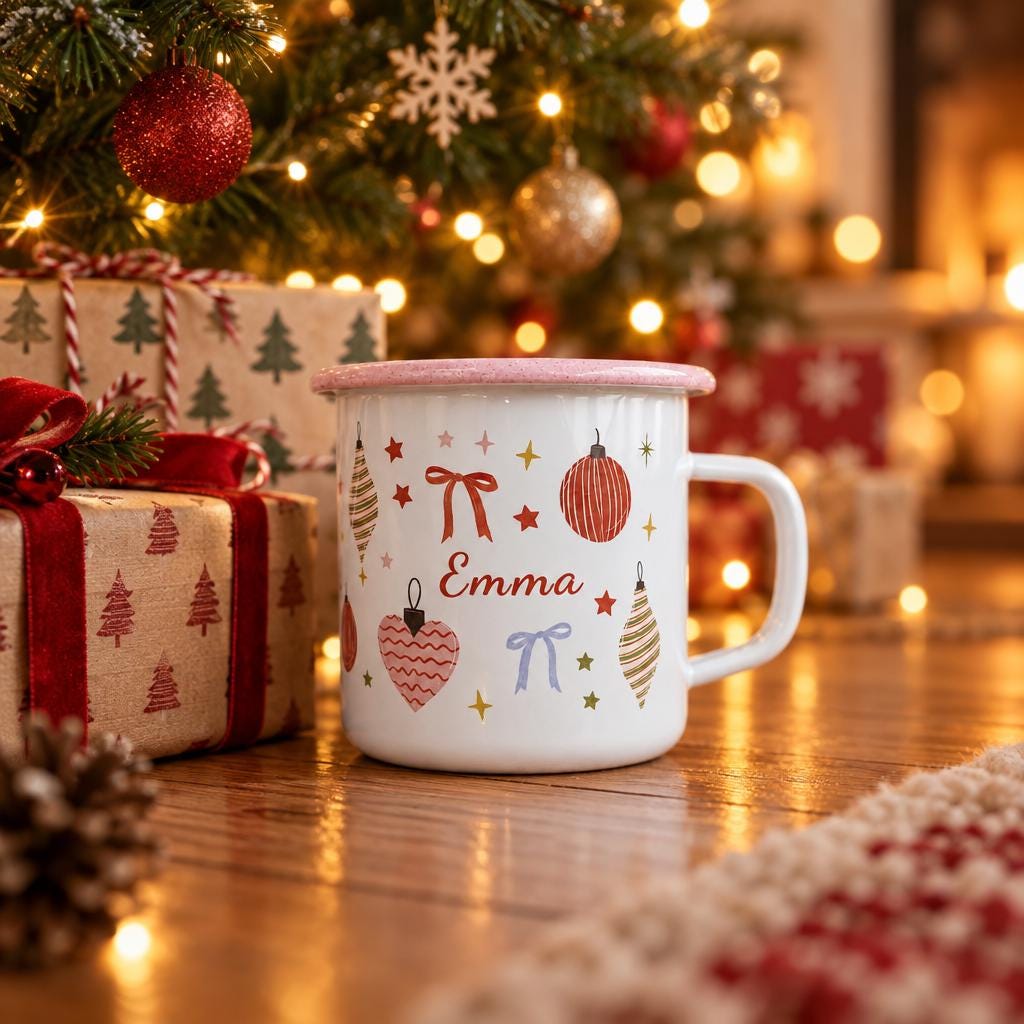 A white enamel mug with a pink rim featuring a festive pattern of red and gold Christmas ornaments, bows, and stars. The name Emma is printed in red script in the centre. The mug has a side handle and a smooth, glossy finish.