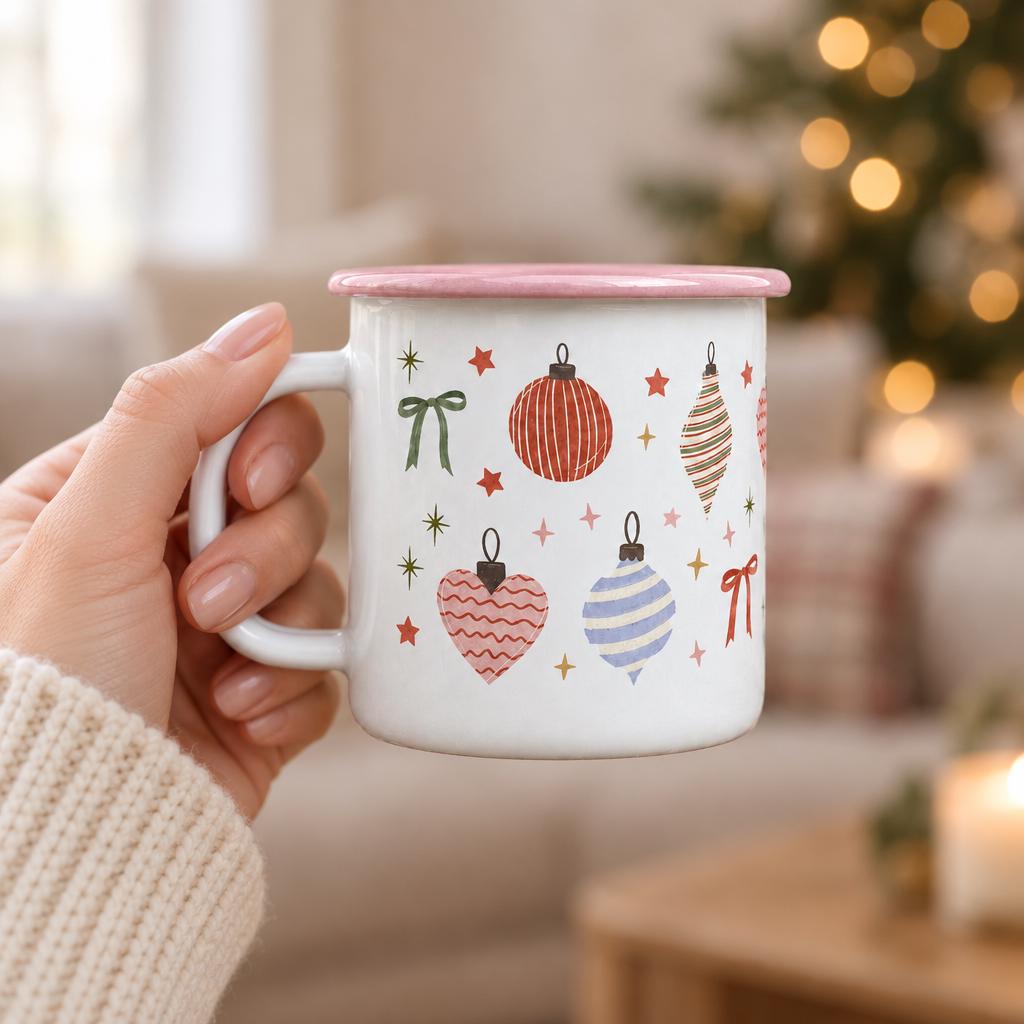 A white enamel mug with a pink rim featuring a pattern of red, blue, and pink Christmas ornaments, green bows, and small stars. The mug has a curved handle and a smooth finish, displaying various festive shapes like hearts and spheres.