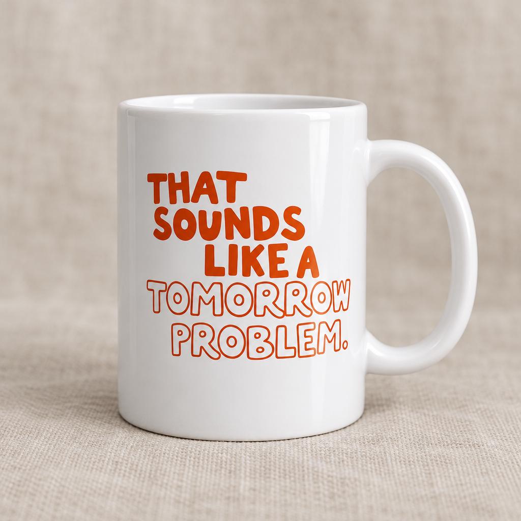 Funny Tomorrow Problem coffee mug on a beige fabric background, lettering in rust and peach.