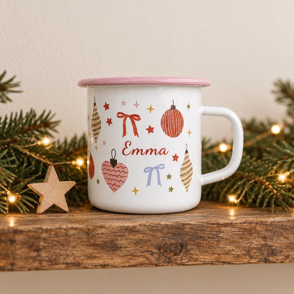 A white enamel mug with a pink rim and handle, featuring a festive pattern of red and gold Christmas ornaments, bows, and stars. The name Emma is printed in red script in the centre of the mug, surrounded by the colourful holiday graphics.