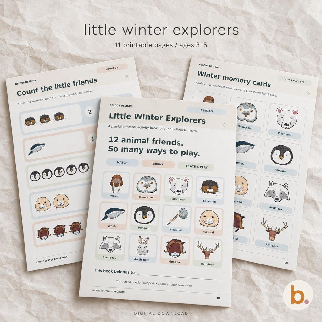 Little Winter Explorers printable activity pack for ages 3–5 with 12 illustrated winter animals