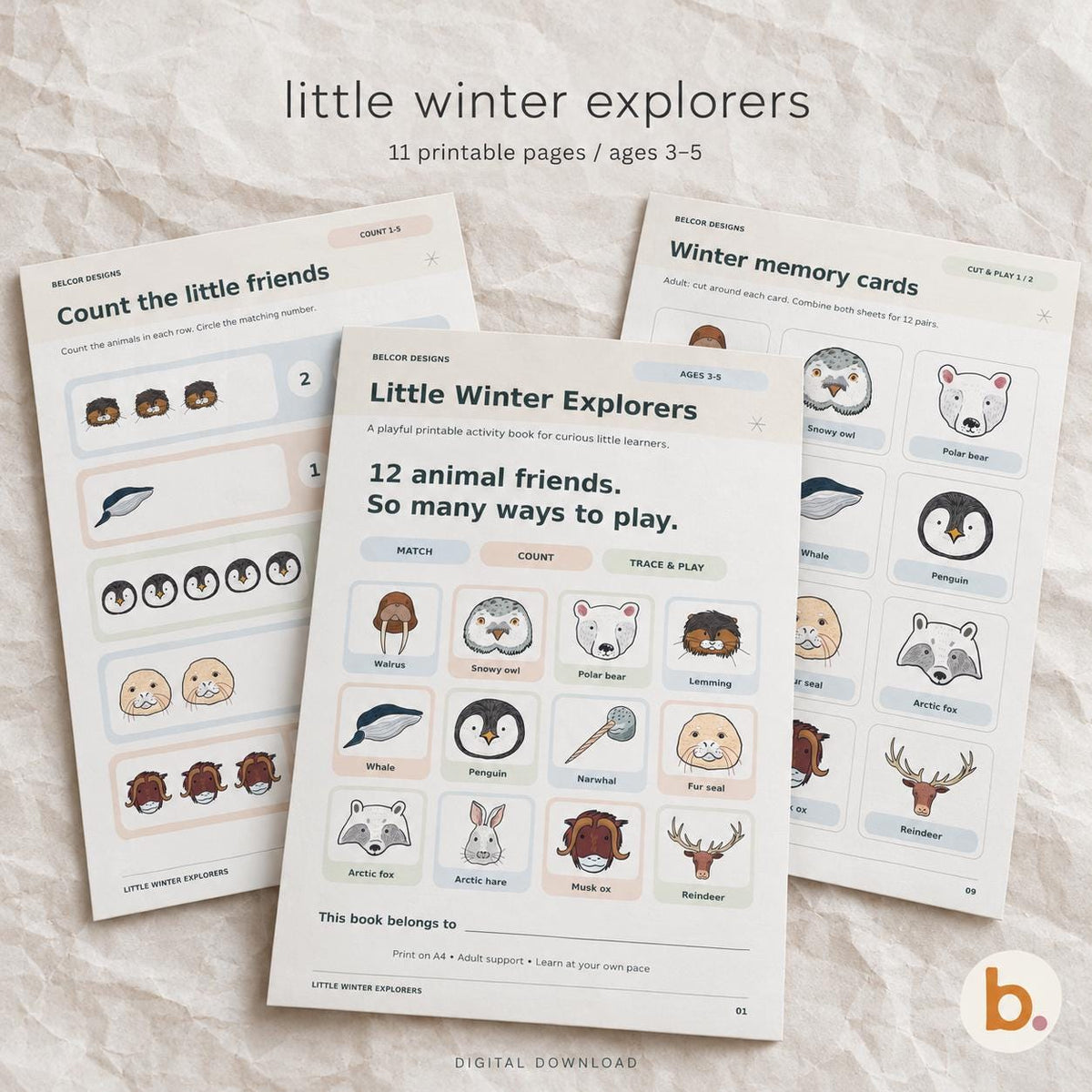 Little Winter Explorers printable activity pack for ages 3–5 with 12 illustrated winter animals