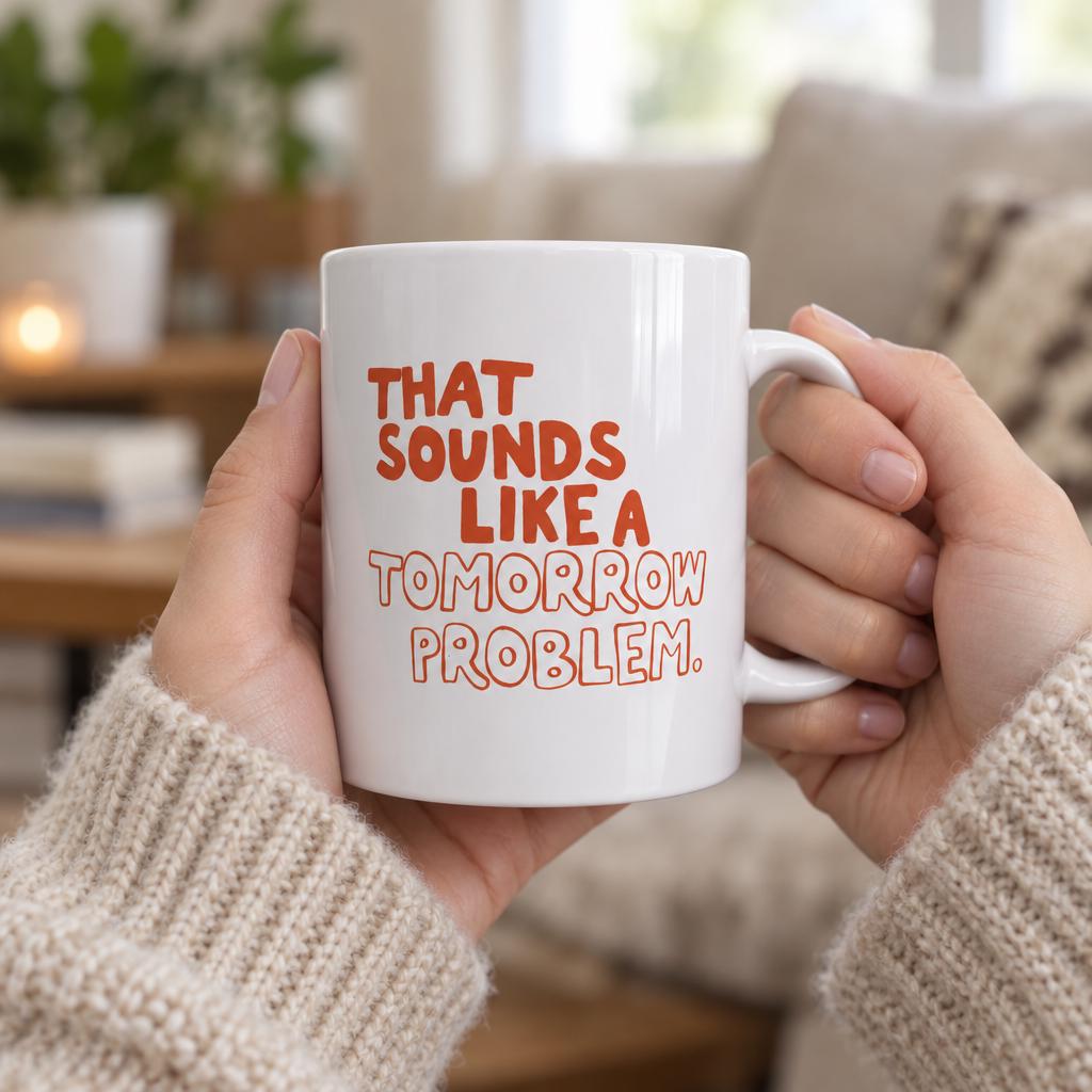 Hands in a cream knitted jumper holding the Tomorrow Problem mug in a cosy living room.