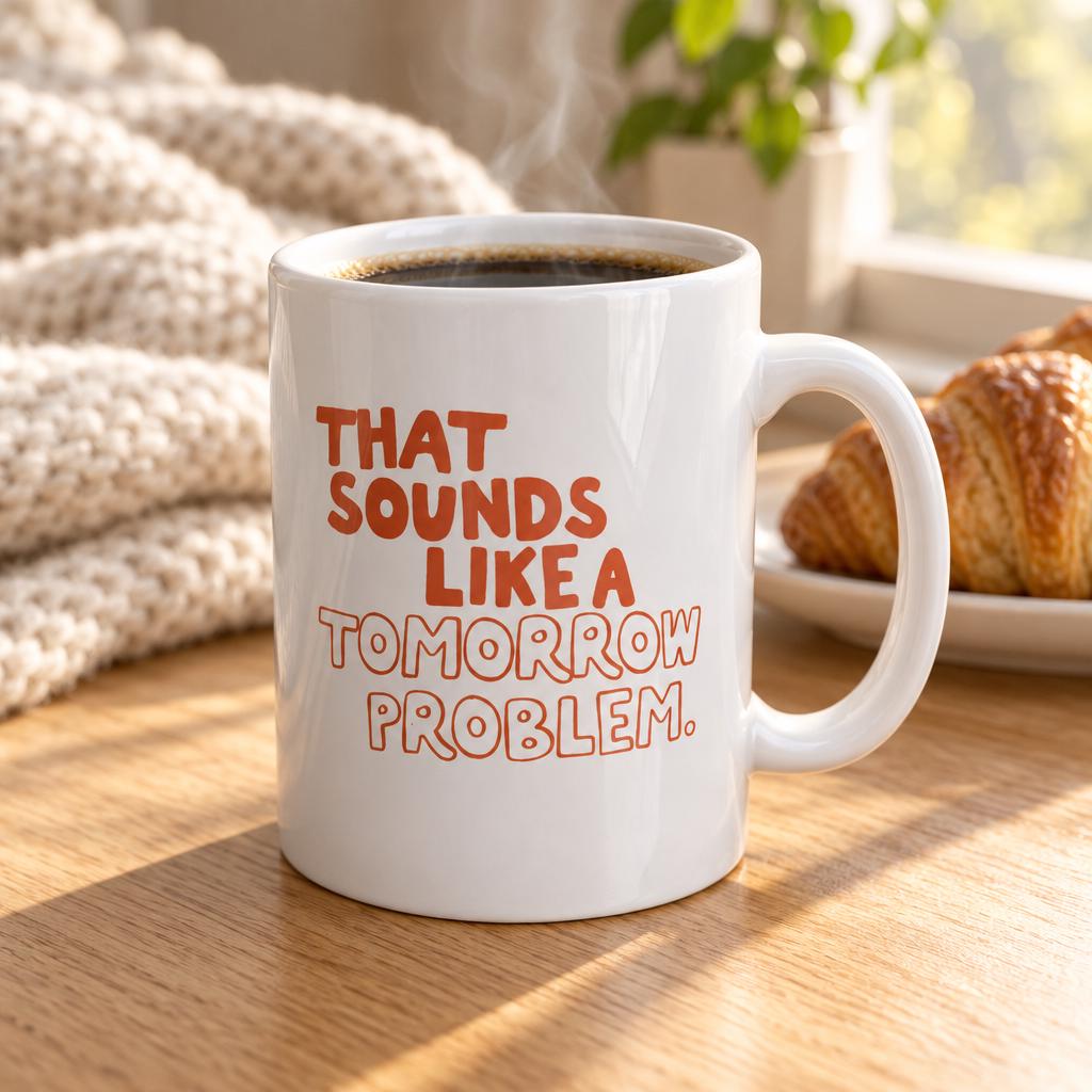 Tomorrow Problem mug filled with black coffee next to a croissant and a knitted blanket.