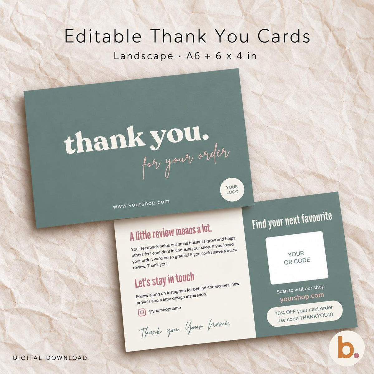 Editable sage green thank you card template, front and back, A6 and 4x6 landscape.