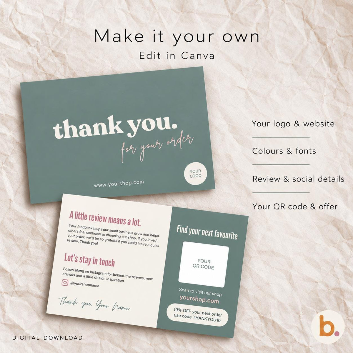 Editable Thank You Card Template, Sage Green