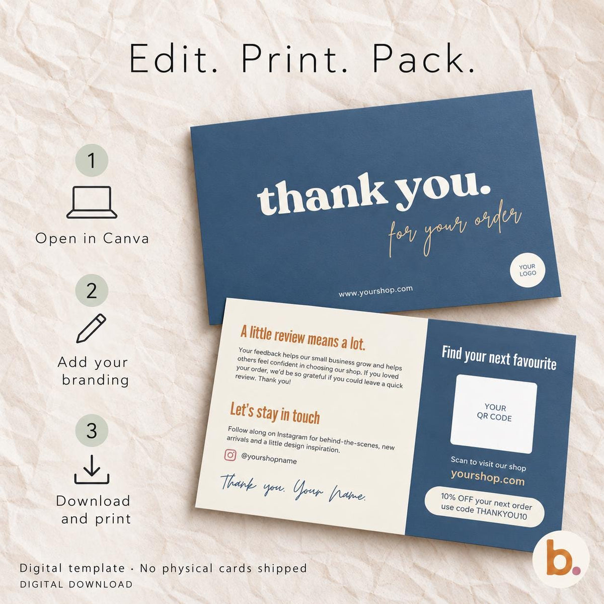 Editable Canva thank you card template in dusty blue and cream