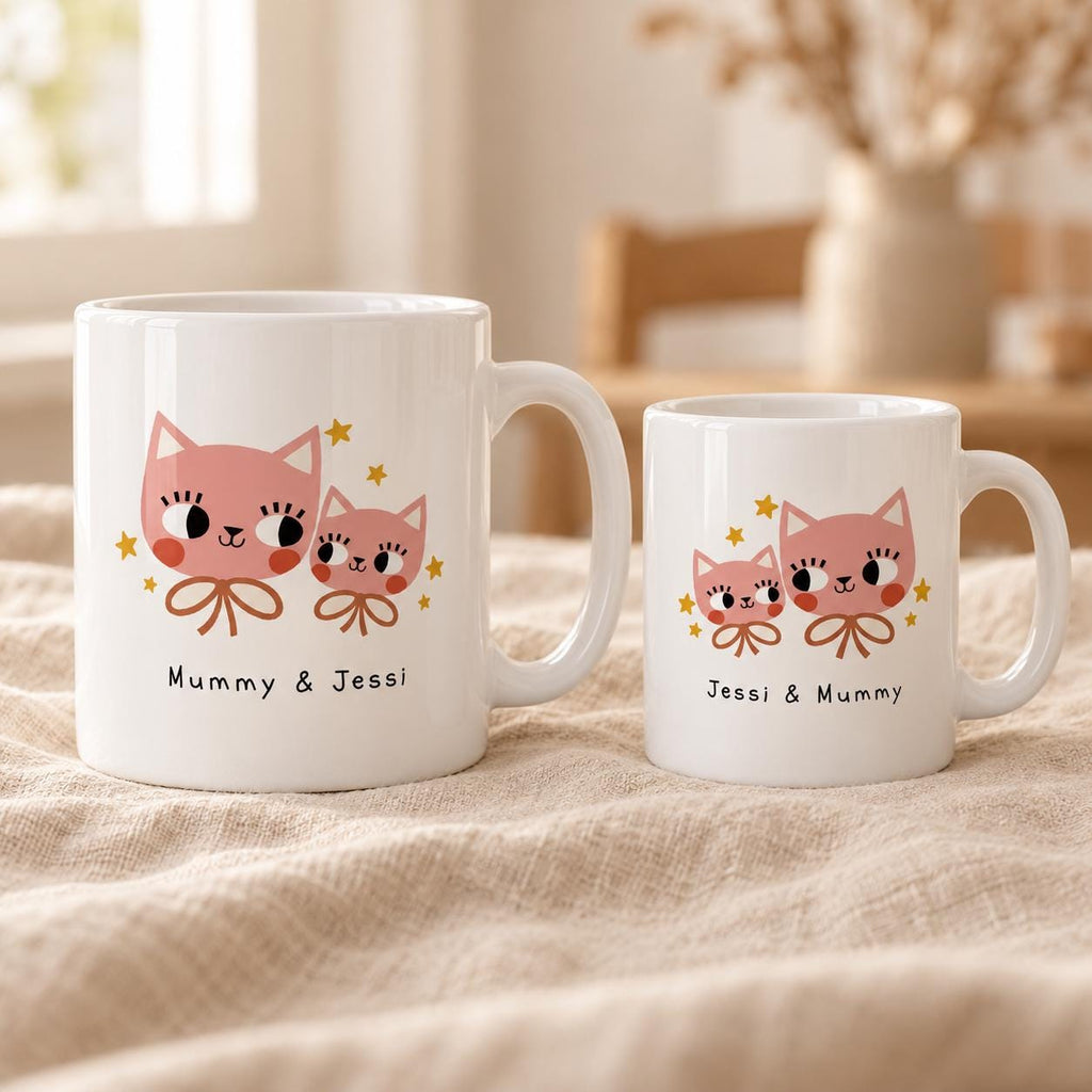 Personalised mum and child cat mugs, matching ceramic mummy and me set