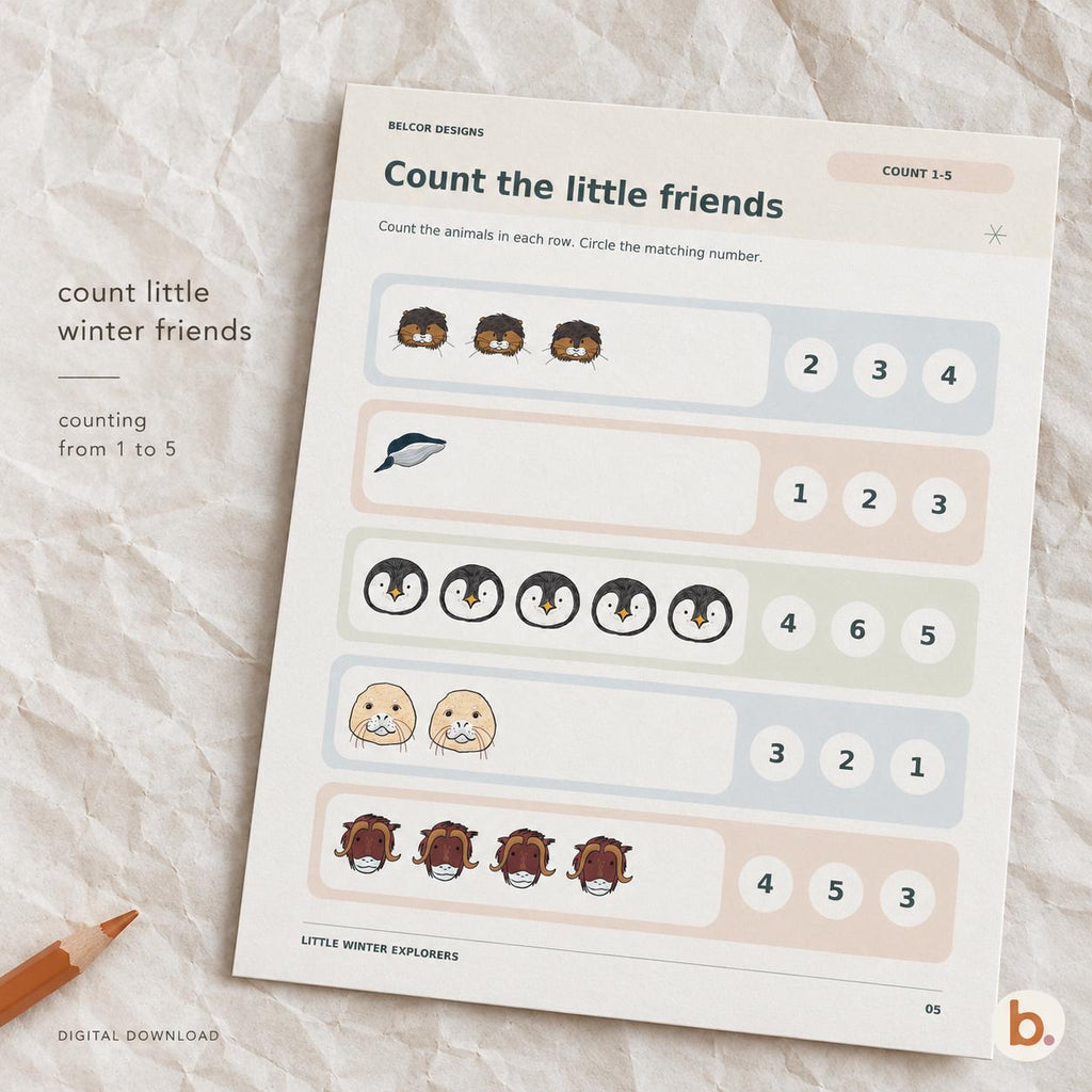 Winter animal matching and counting worksheets