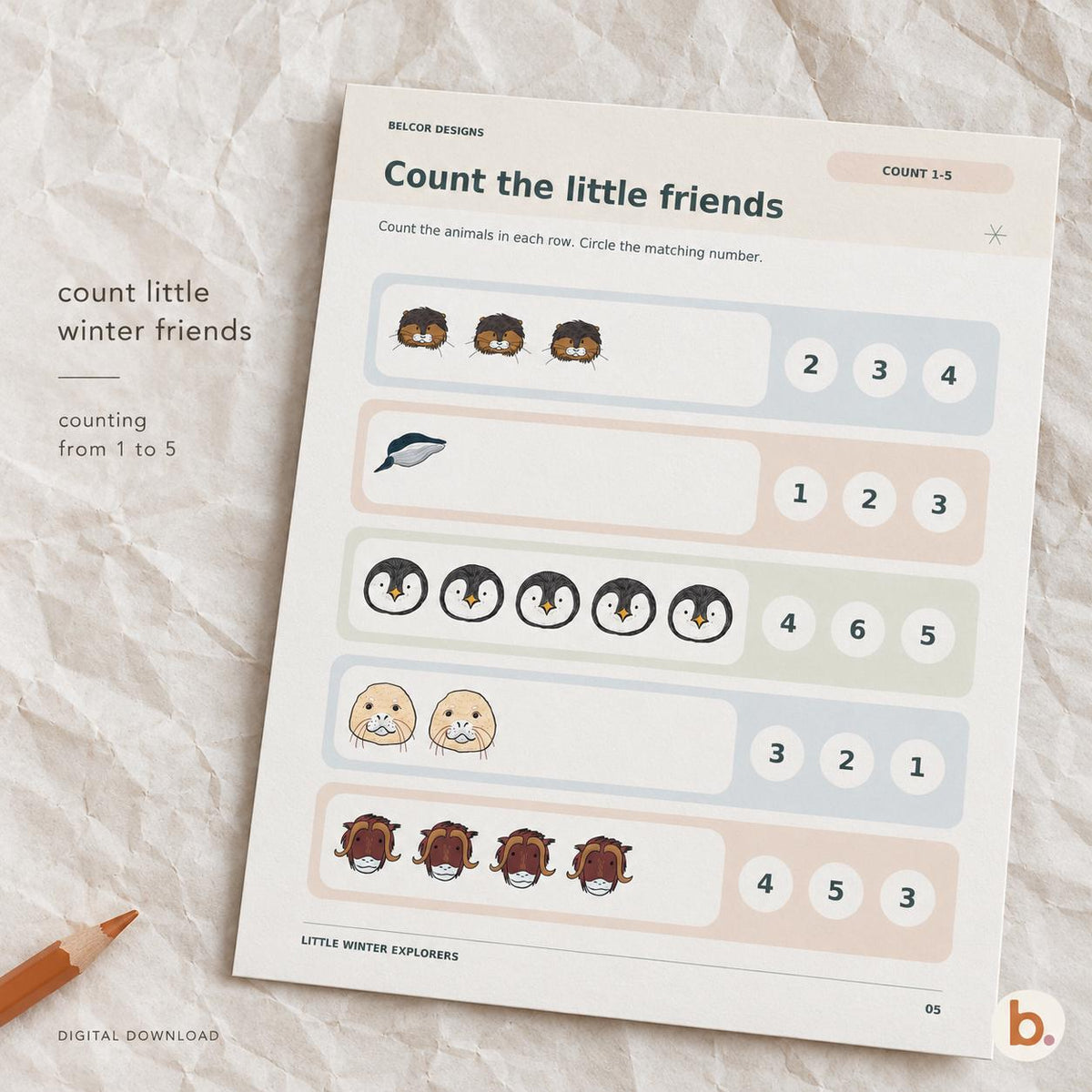 Winter animal matching and counting worksheets