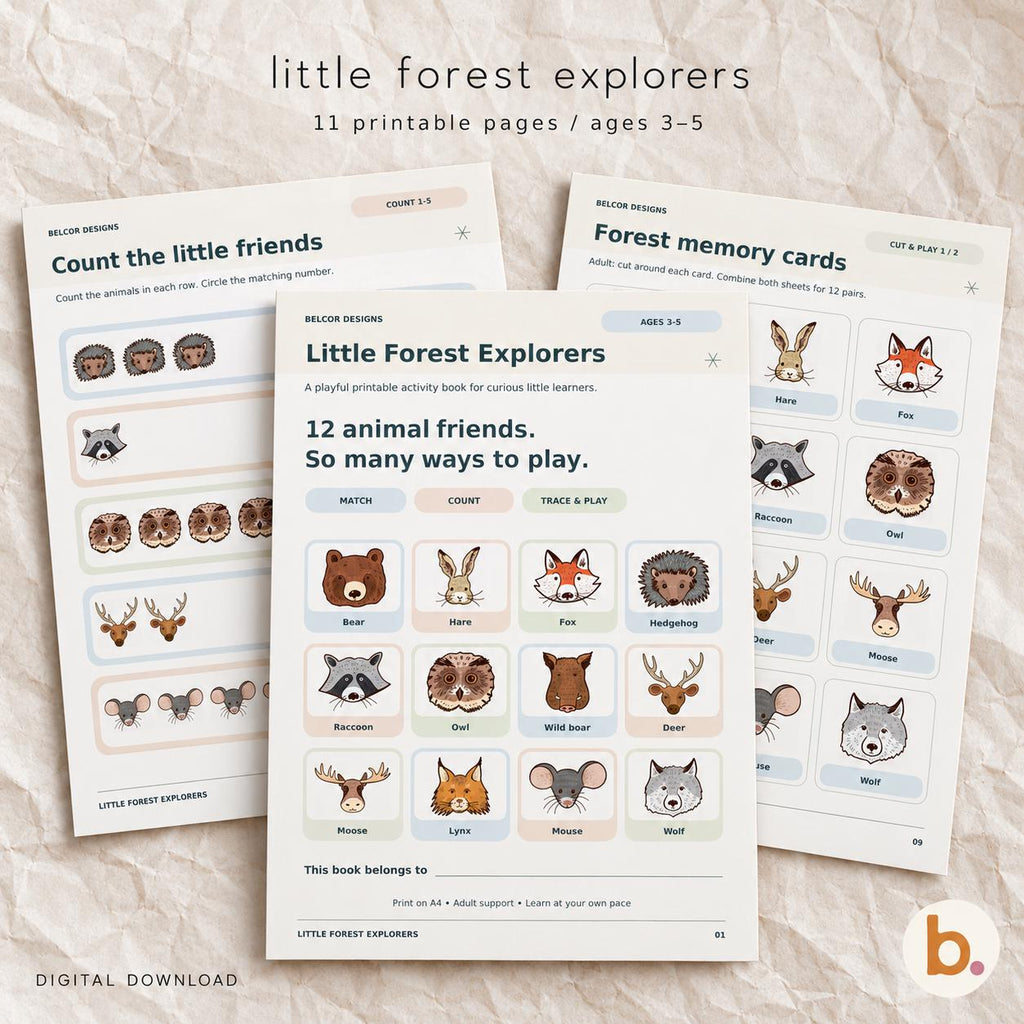Forest animal activity pack for ages 3-5, printable preschool worksheets