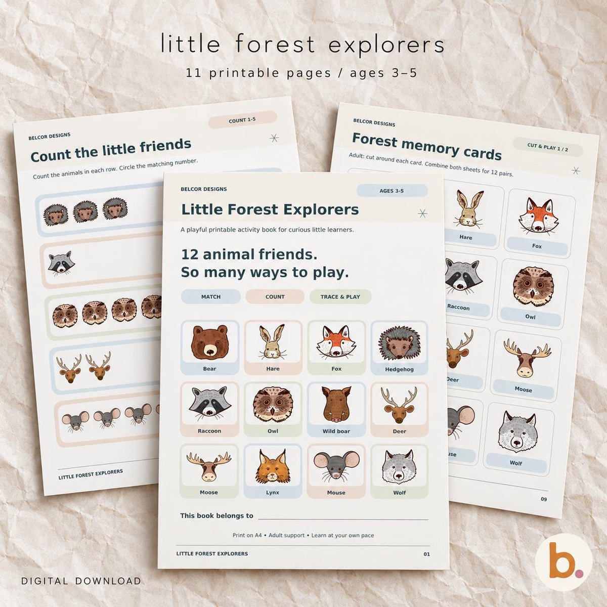 Forest animal activity pack for ages 3-5, printable preschool worksheets