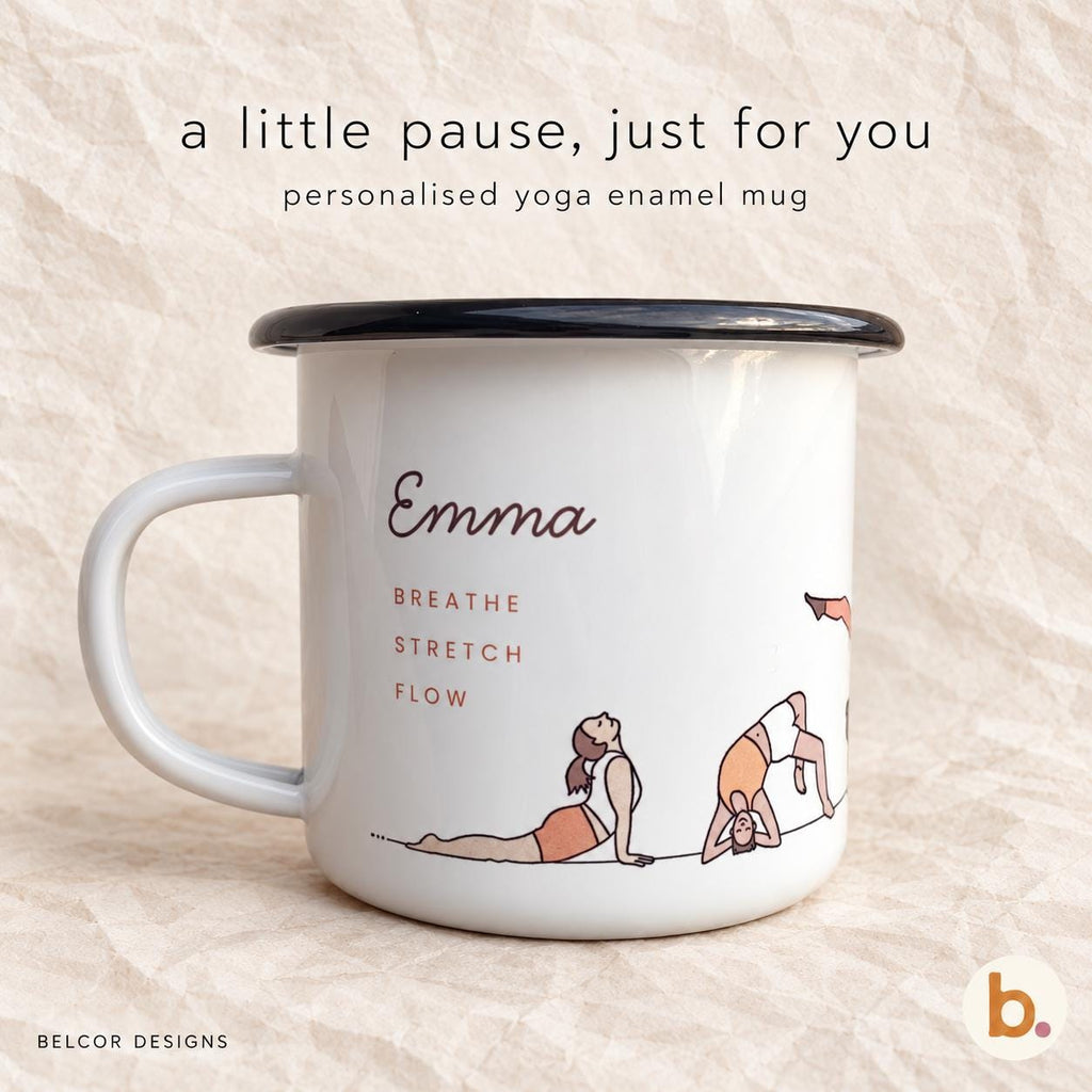 Personalised yoga enamel mug with name and Breathe Stretch Flow