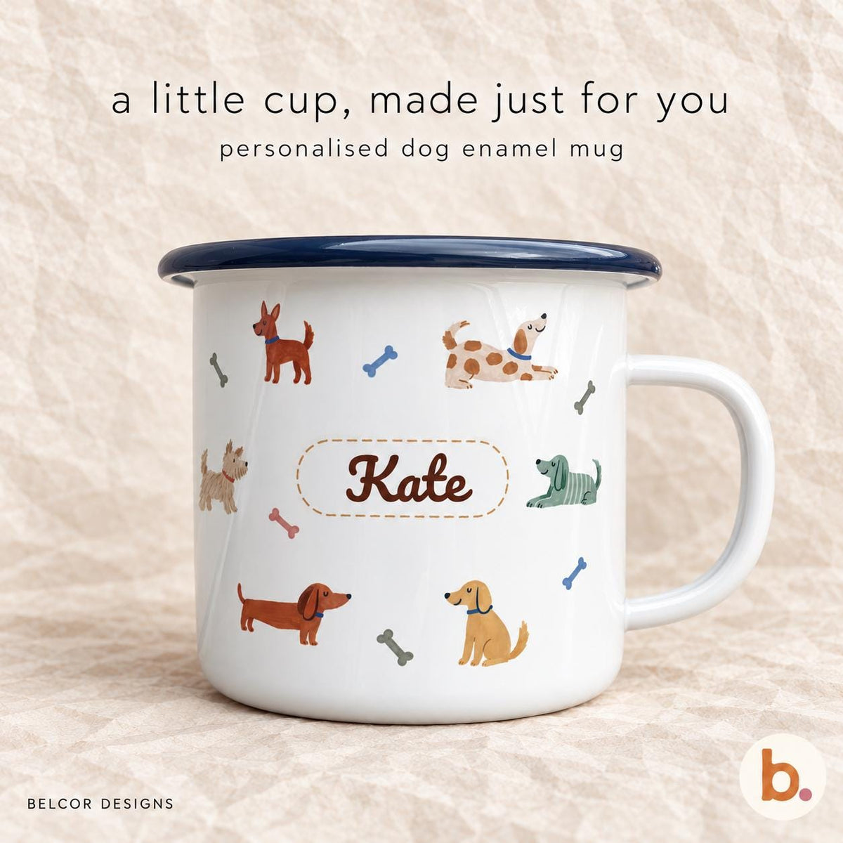 White enamel mug with a navy rim, printed with playful dogs, bones and the name Kate in a stitched-style label.