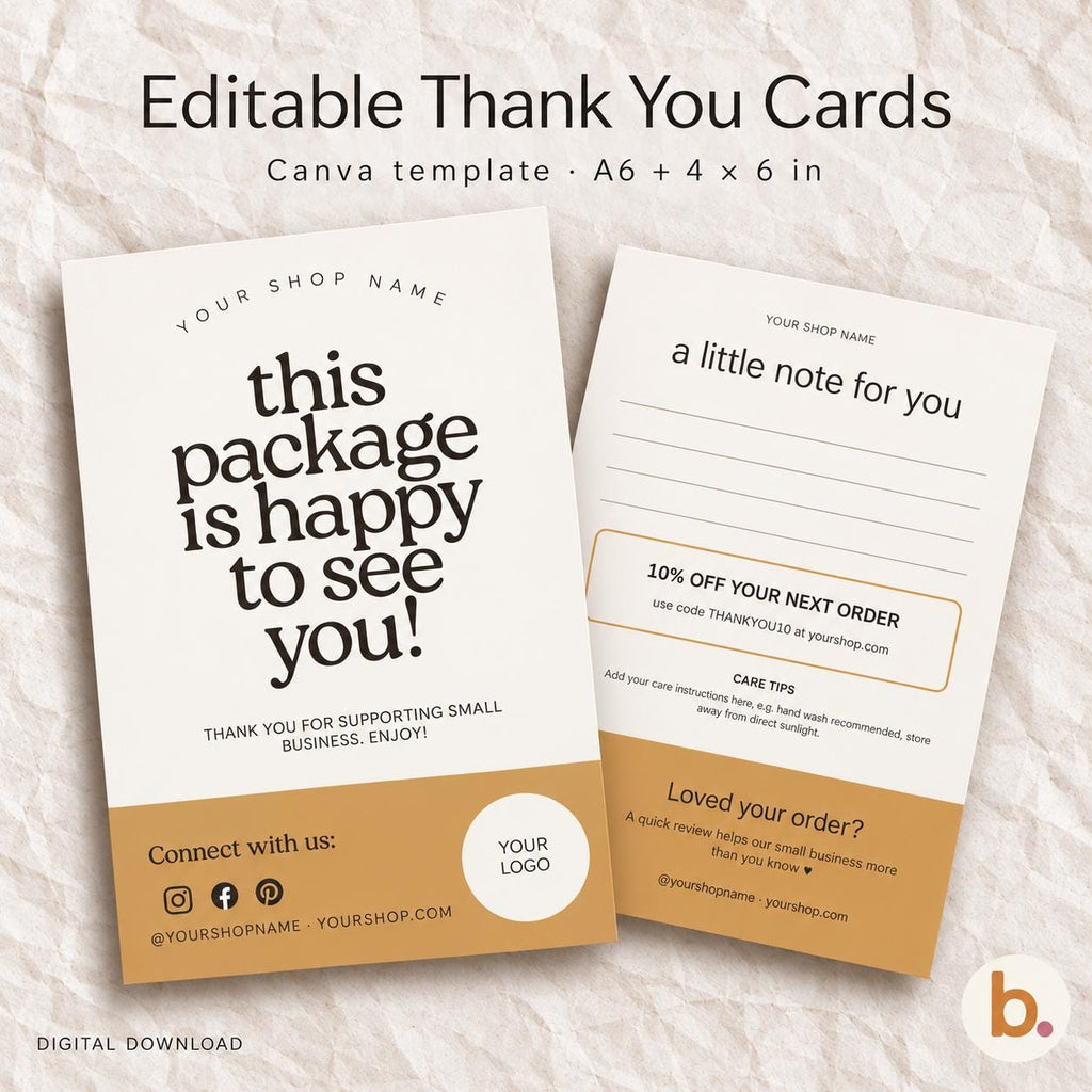 Editable 'this package is happy to see you' thank you card template