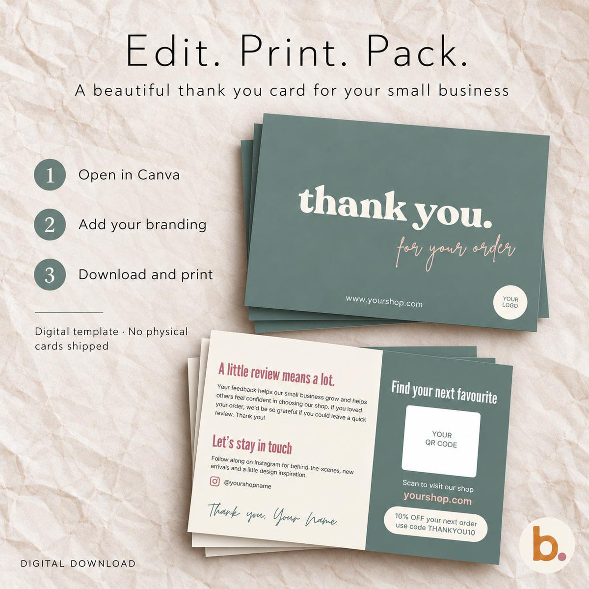 Editable Thank You Card Template, Sage Green