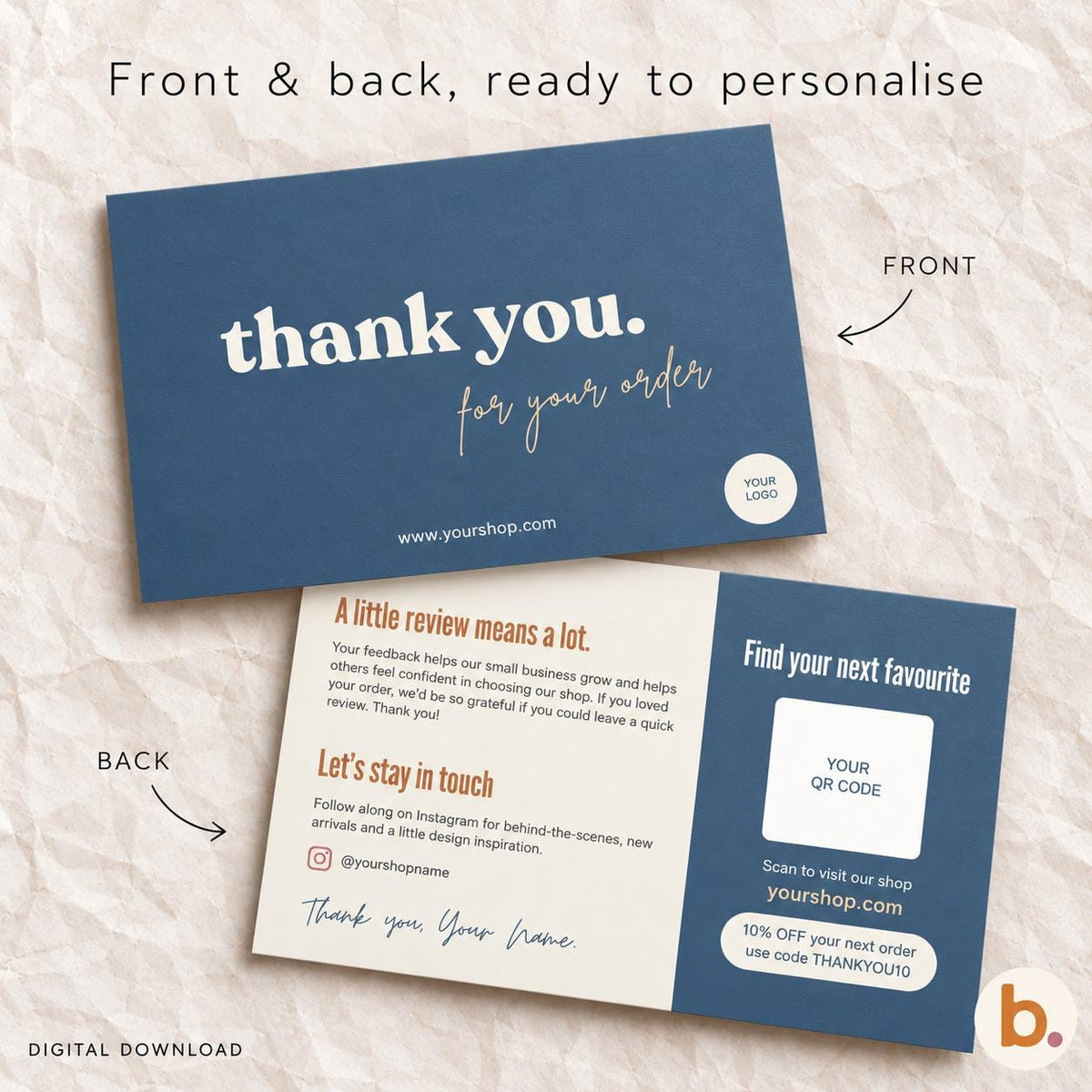 Dusty blue thank you card with review request and QR code