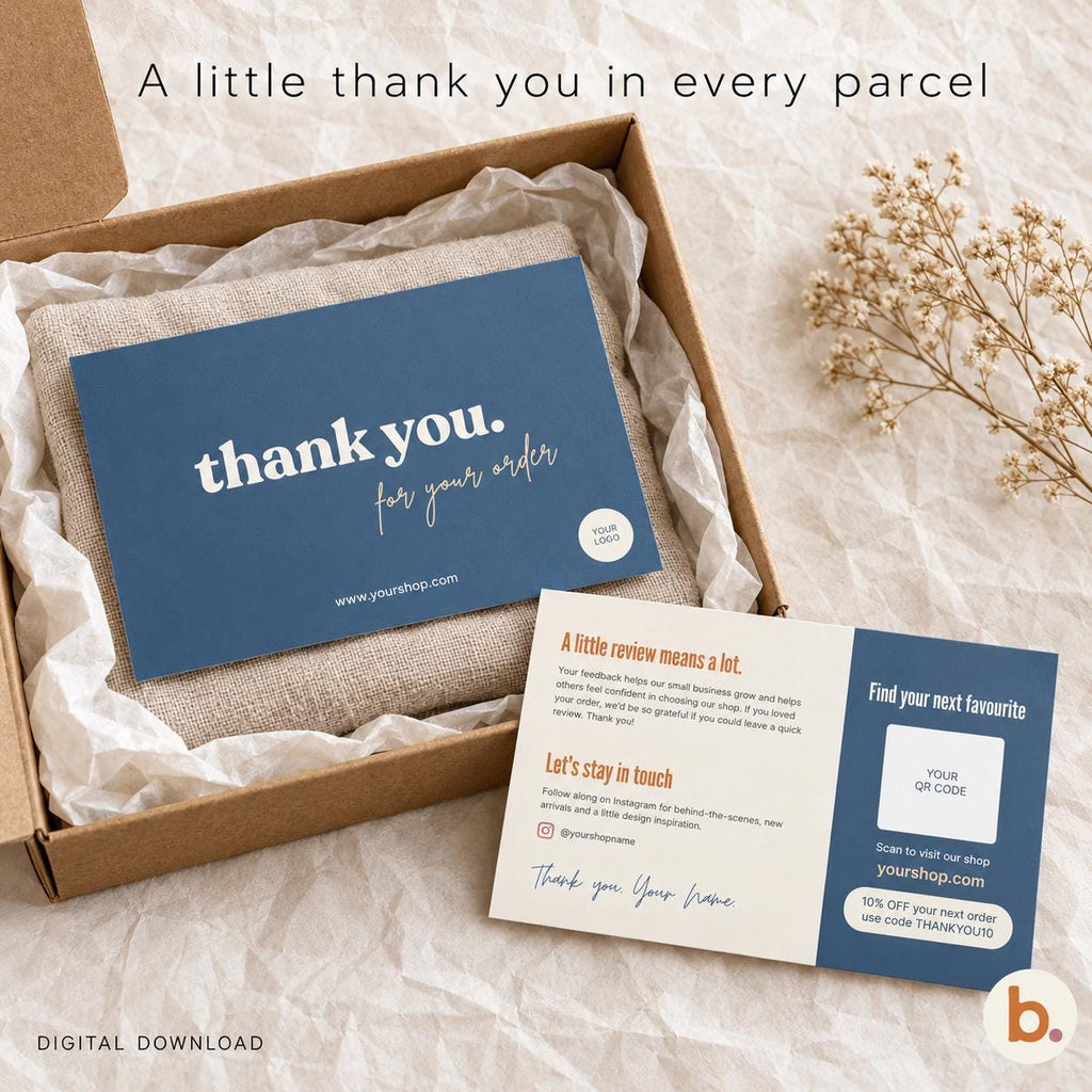 Dusty blue thank you cards in a shipping box