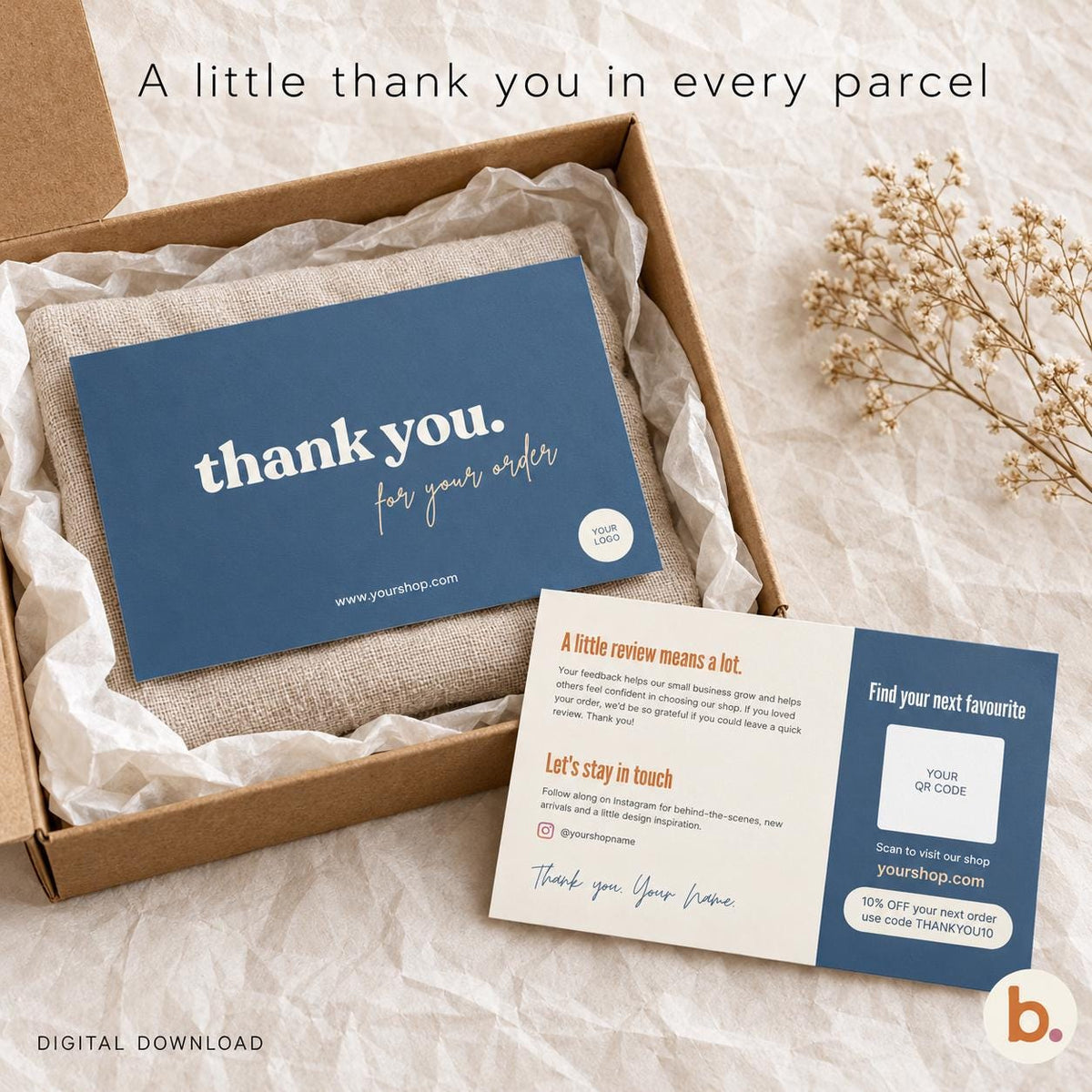 Dusty blue thank you cards in a shipping box